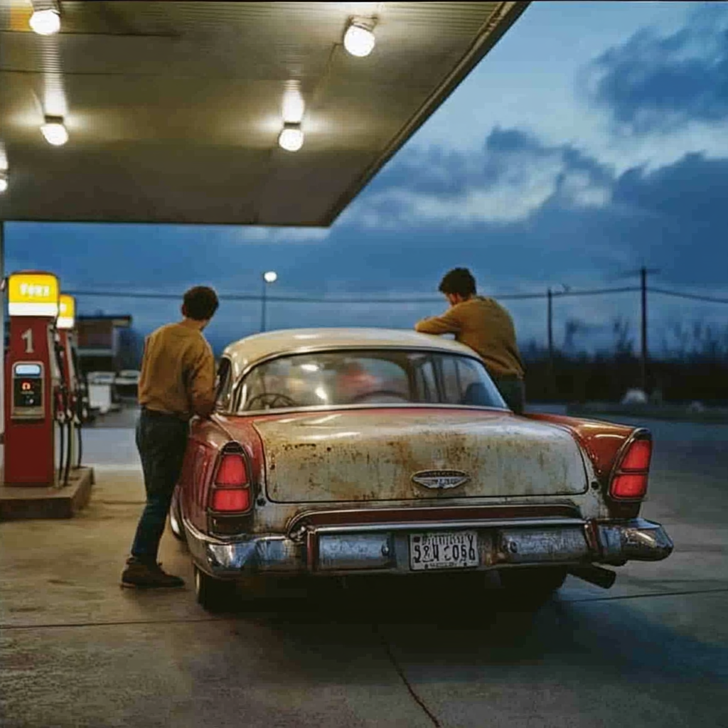 Hommes poussant une vieille voiture à la station-service